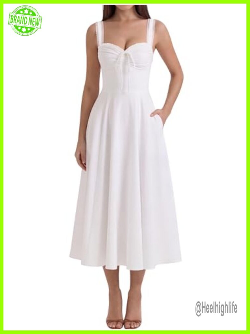 Floral Corset Midi Dress Lace-Up Sweetheart A-Line with Pockets
